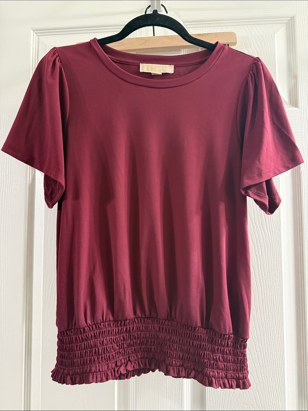 MICHAEL Michael Kors Wine Short-Sleeve Smocked-Hem Top